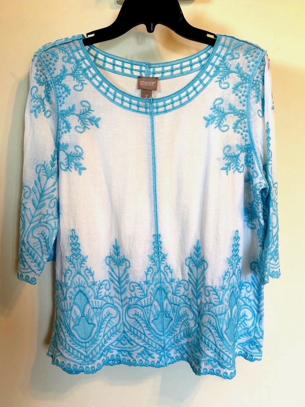 Chico’s Size 2 L White Turquoise Embroidered Boho Tunic Top